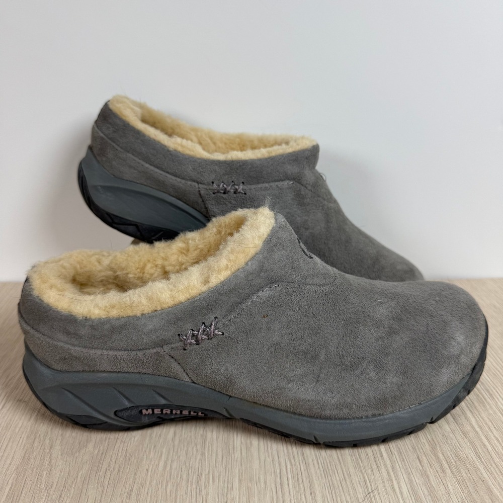 Mules Merrell Encore Ice Womens 8.5 Grey Suede Faux Fur Slip On Clogs J42738